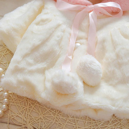 Baby girls fur coat white plush hooded jacket Stevvex with pink ribbon and pom pom accents on Tampa Home & Garden Store