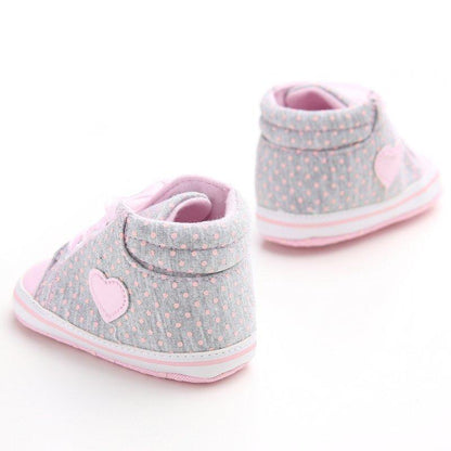 Infant baby girls lace-up sneakers gray dotted fabric with pink heart patch and pink soft sole on Tampa Home & Garden Store