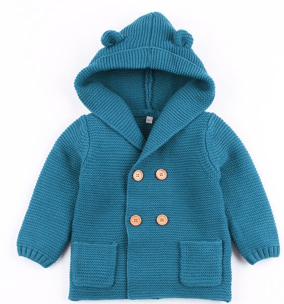 Stevvex teal knitted baby hooded cardigan with ears, wooden buttons and front pockets on Tampa Home & Garden Store