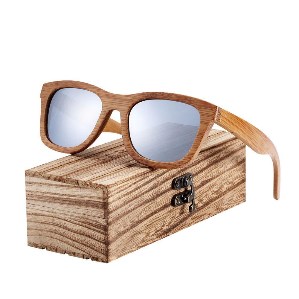 Stevvex bamboo wood sunglasses with mirrored blue lenses, retro luxury style UV400 polarized on Tampa Home & Garden Store