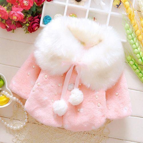 Pink baby fleece coat with white faux fur hood, pearl beads, ribbon ties by Stevvex on Tampa Home & Garden Store