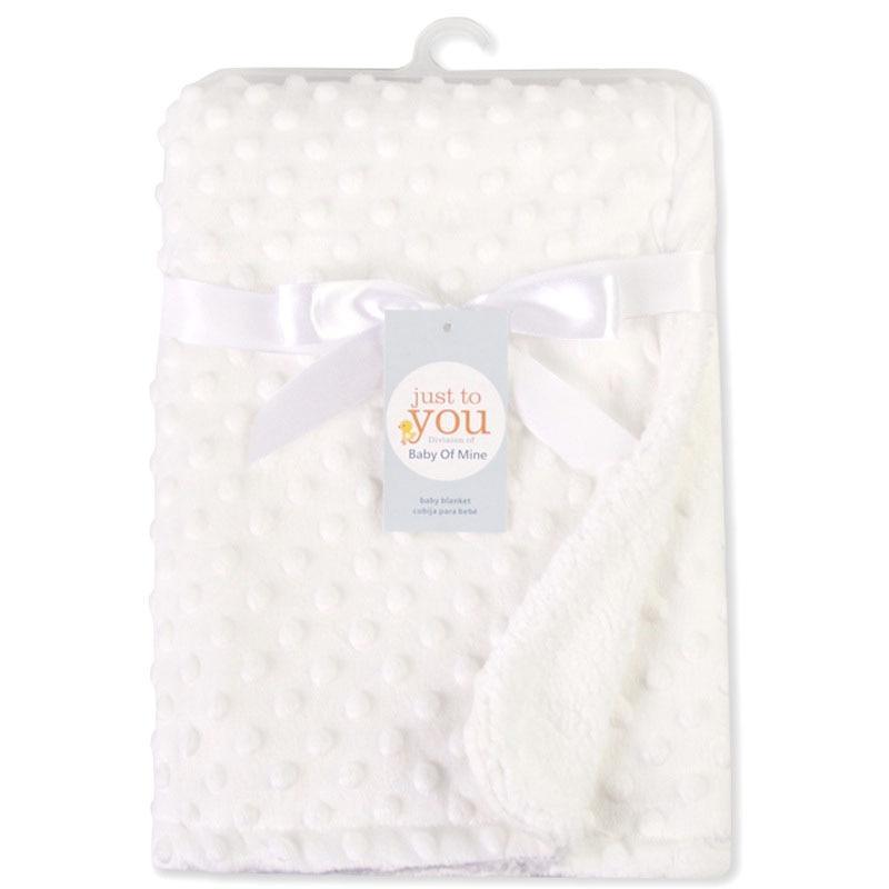 Stevvex white dotted fleece receiving blanket with satin ribbon and gift tag on Tampa Home & Garden Store