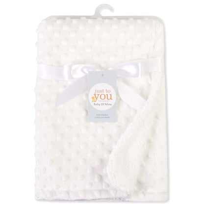 Stevvex white dotted fleece receiving blanket with satin ribbon and gift tag on Tampa Home & Garden Store