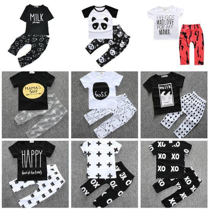 Stevvex baby boy clothes set: T-shirt + pants in black/white cartoon prints, 9 styles on Tampa Home & Garden Store