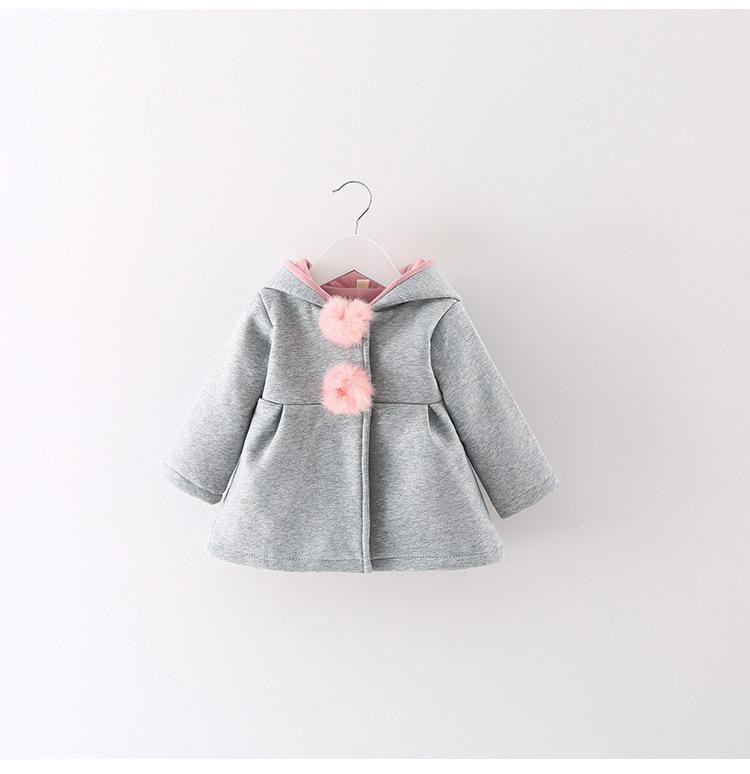 Stevvex newborn girls gray cotton coat with rabbit-ear hood and pink fluffy pom-pom buttons on Tampa Home & Garden Store