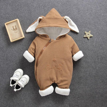 Stevvex brown knit baby jumpsuit, hood with bunny ears, white cuffs, cat embroidery on Tampa Home & Garden Store