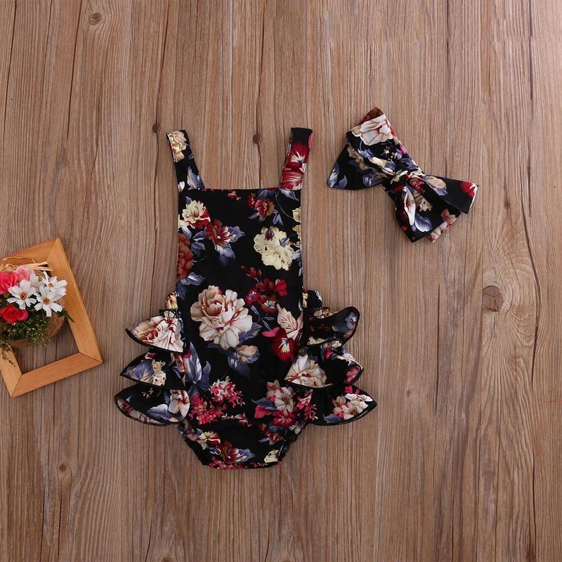 Stevvex floral romper set with headband, black floral print, 2-piece on Tampa Home & Garden Store