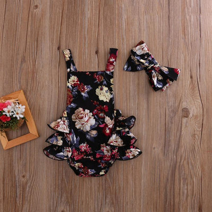 Stevvex floral romper set with headband, black floral print, 2-piece on Tampa Home & Garden Store