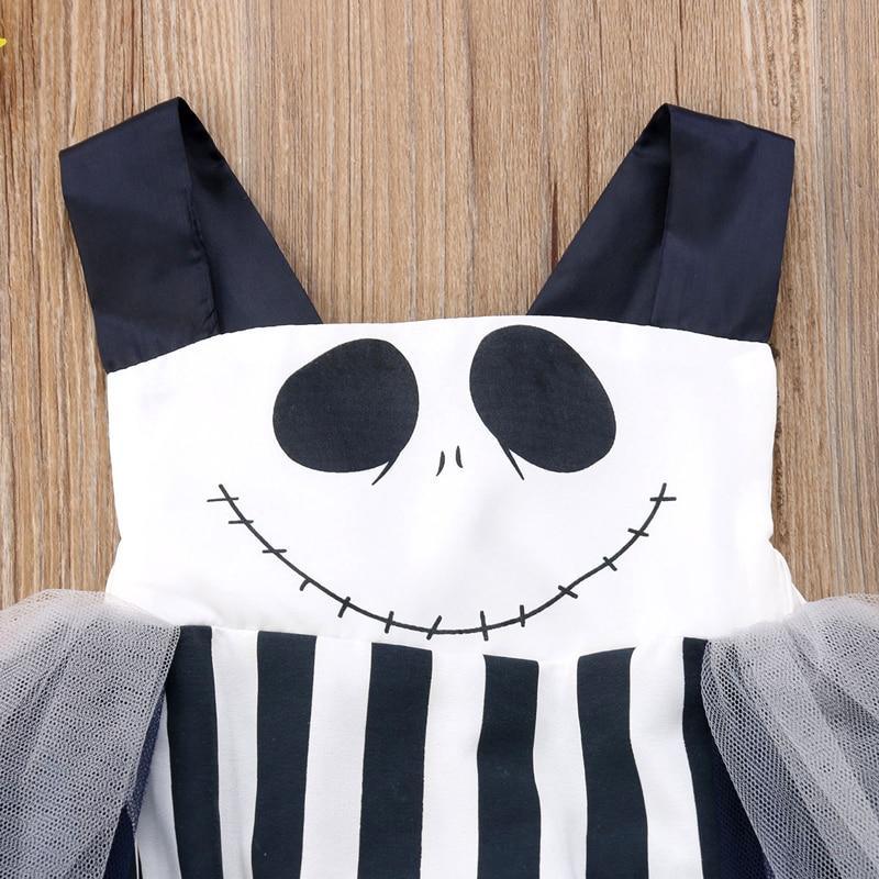 Infant Halloween dress Stevvex with skull bodice, black straps, striped skirt and tulle sleeves on Tampa Home & Garden Store