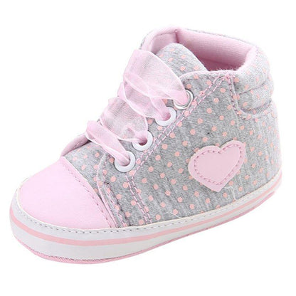 Stevvex infant girls lace-up first walkers sneakers pink dotted cotton soft sole with heart patch on Tampa Home & Garden Store