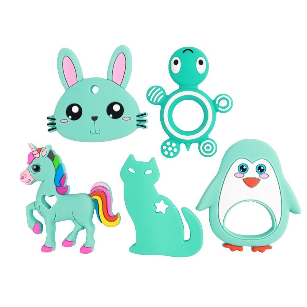 Stevvex 5-pack baby silicone teethers set with animal shapes bunny turtle unicorn cat penguin on Tampa Home & Garden Store