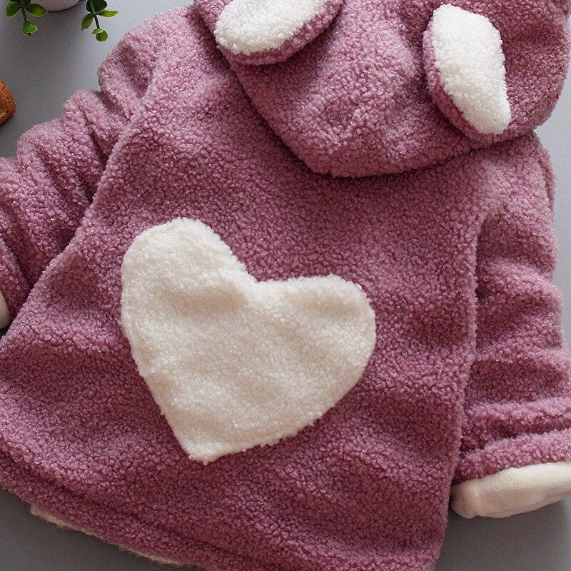 Stevvex baby velvet pink coat with white heart applique and hood ears on Tampa Home & Garden Store