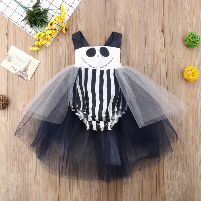 Infant girls Halloween romper with skull-face striped bodice and black tulle tutu Stevvex on Tampa Home & Garden Store