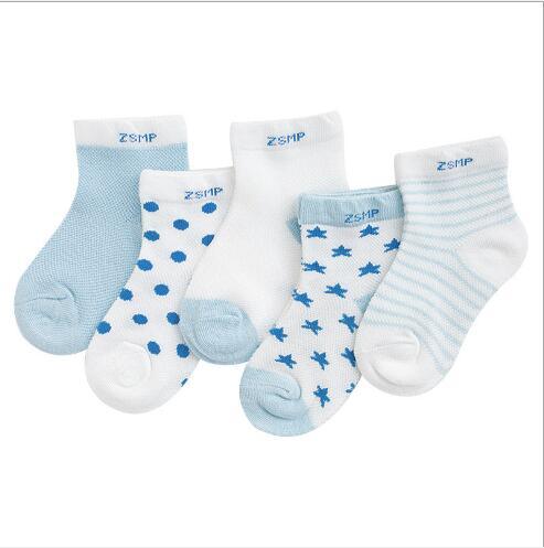 Stevvex 5-pair kids' summer mesh socks set with blue stars, moons, polka dots and stripes on Tampa Home & Garden Store
