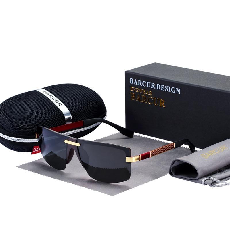 Rimless polarized sunglasses with black lenses and gold-tone arms BARCUR design case and box on Tampa Home & Garden Store