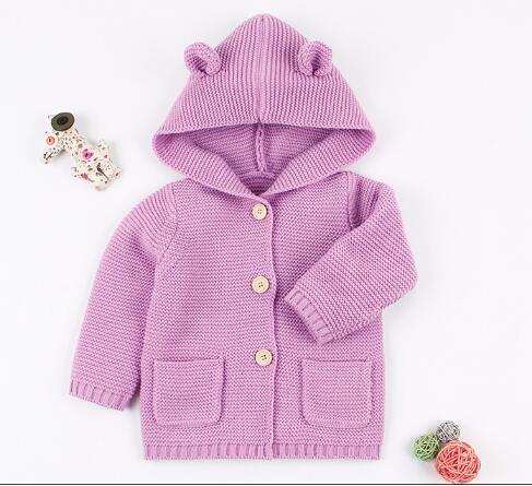 Stevvex lavender knit baby cardigan hooded with bear ears wooden buttons pockets on Tampa Home & Garden Store