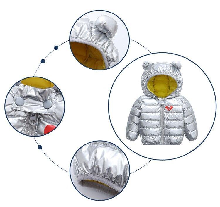 Baby puffer jacket silver metallic with yellow lining, hood with ears, heart patch Stevvex on Tampa Home & Garden Store