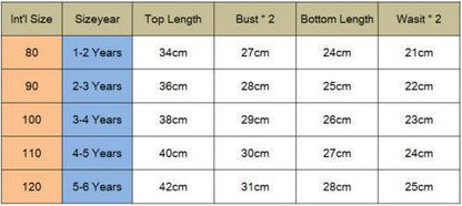 Stevvex baby and children's outfits size chart showing Int'l sizes 80–120 and age ranges on Tampa Home & Garden Store