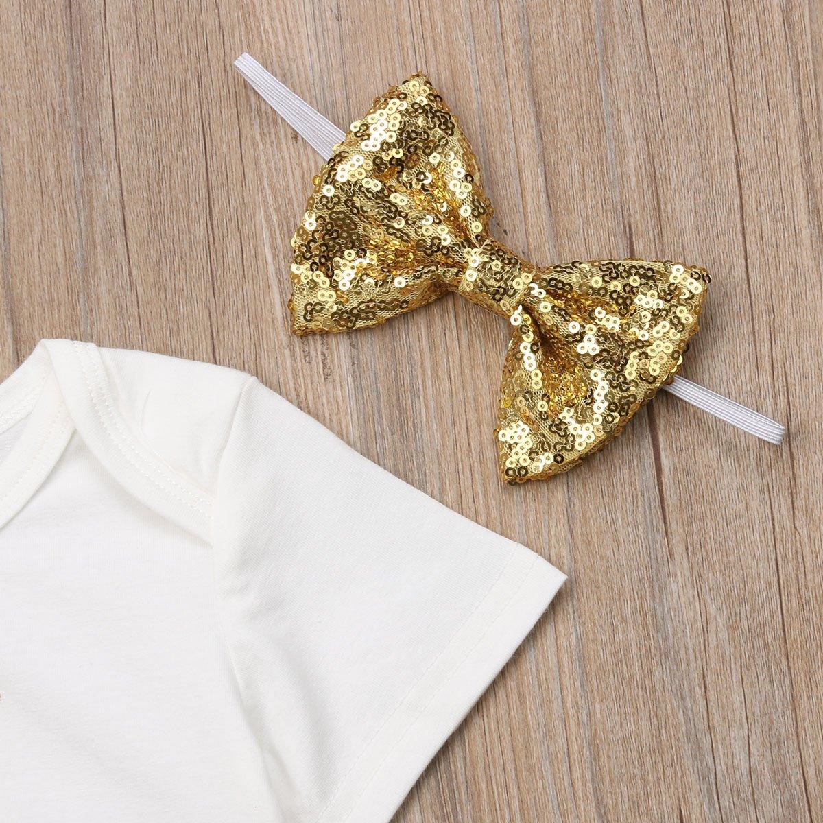 Gold sequin bow headband with white baby tee accessory for newborn girl by Stevvex on Tampa Home & Garden Store