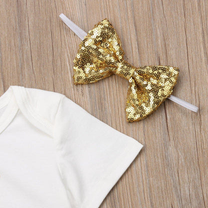 Gold sequin bow headband with white baby tee accessory for newborn girl by Stevvex on Tampa Home & Garden Store
