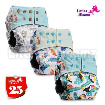 Stevvex pocket cloth nappies set of 3 with prints, snap closures, Littles & Bloomz logo on Tampa Home & Garden Store