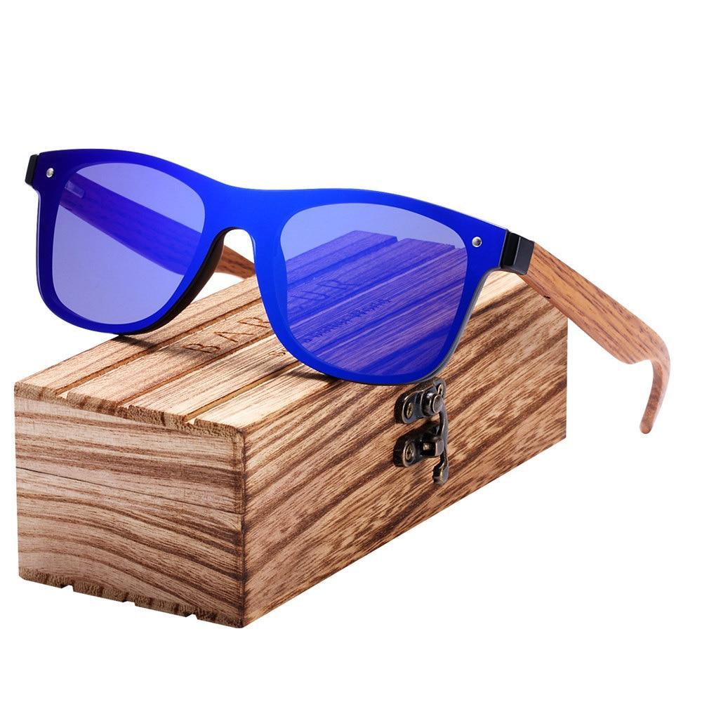Sunglasses blue square polarized with wooden temples and UV400 protection on Tampa Home & Garden Store