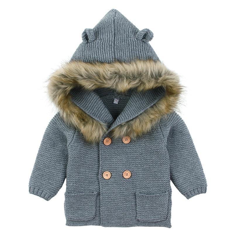 Stevvex baby knit cardigan coat in blue-gray with fur-trim hood and wooden brown buttons on Tampa Home & Garden Store