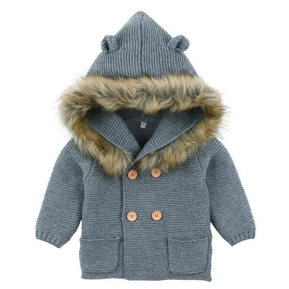 Stevvex baby knit cardigan coat in blue-gray with fur-trim hood and wooden brown buttons on Tampa Home & Garden Store