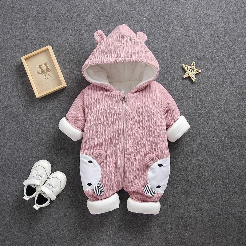 Stevvex pink baby jumpsuit with hood, thick warm cotton, white knee patches, footed design on Tampa Home & Garden Store