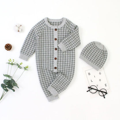 Knitted cotton newborn romper with gray plaid hat, Stevvex baby one-piece set on Tampa Home & Garden Store