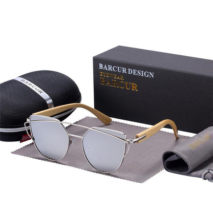 Stevvex bamboo sunglasses with oversized cat-eye silver frame and natural bamboo temples polarized gray lenses on Tampa Home & Garden Store