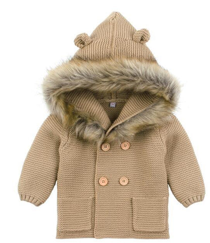 Baby knit cardigan coat with fur-trimmed hood in beige, Stevvex ST15BY08764ADFGO on Tampa Home & Garden Store