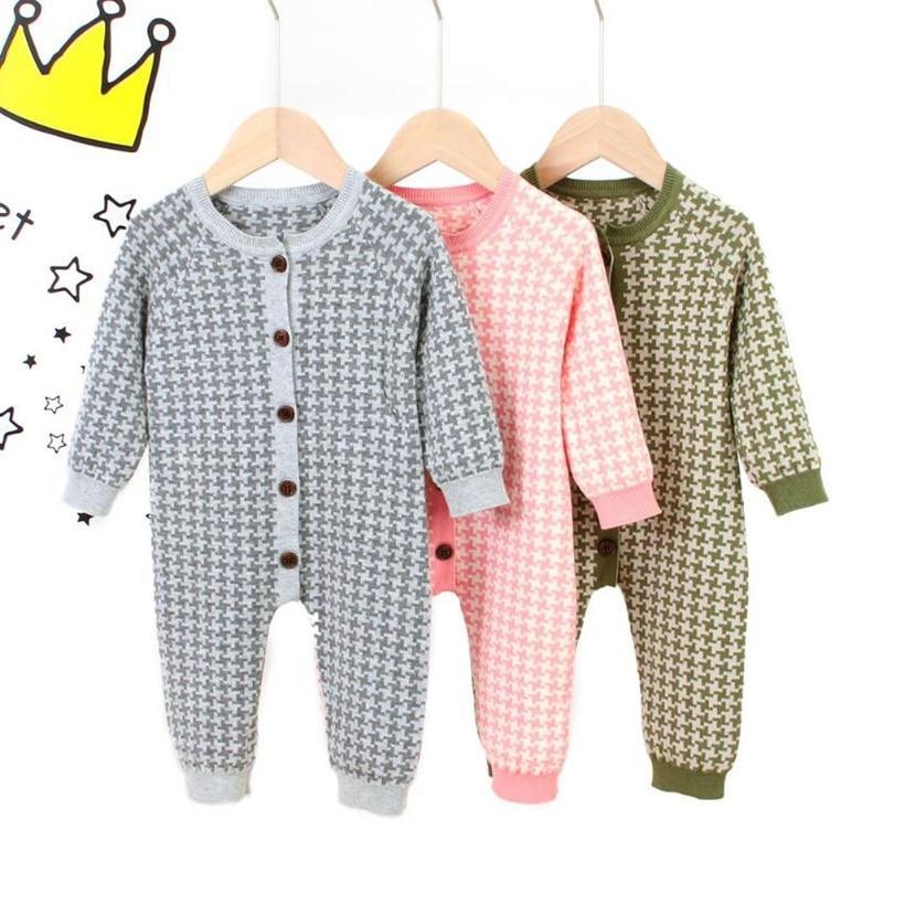 Knitted newborn romper set in gray pink olive with houndstooth pattern and sleeves on Tampa Home & Garden Store