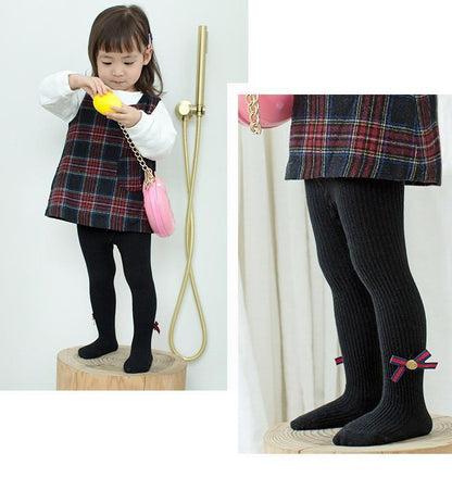 Baby girl bowknot tights by Stevvex in black cotton ribbed knit with ankle bow on Tampa Home & Garden Store