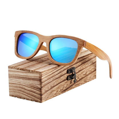 Stevvex bamboo wooden sunglasses with blue mirrored lenses, polarized UV400 protection on Tampa Home & Garden Store