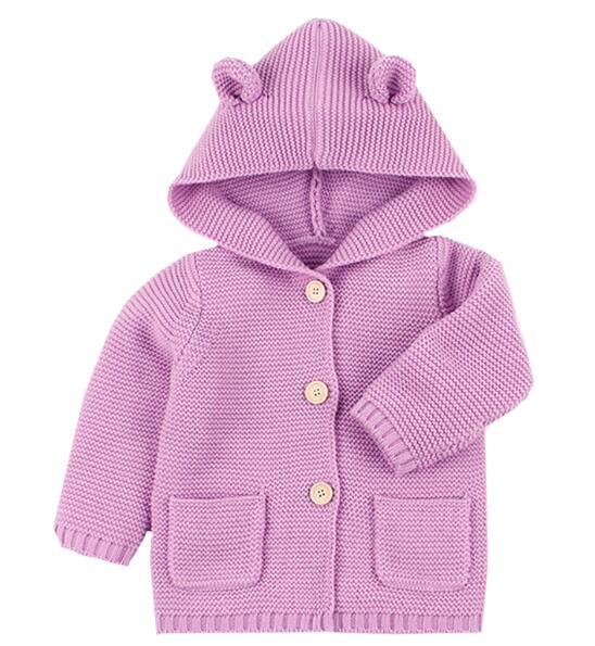 Newborn purple knitted hooded cardigan from Stevvex with bear ears and pockets on Tampa Home & Garden Store