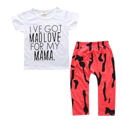 Stevvex baby boy T-shirt and pants set white tee MADLOVE and red pants with black print on Tampa Home & Garden Store
