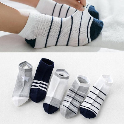 5-pair kids socks set with striped and solid patterns in gray, white, and navy on Tampa Home & Garden Store
