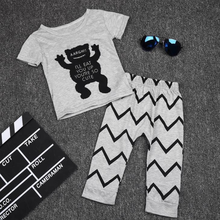 Stevvex gray baby boy T-shirt and zigzag-print pants set with cartoon monster graphic on Tampa Home & Garden Store