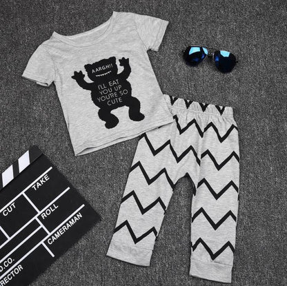 Stevvex gray baby boy T-shirt and zigzag-print pants set with cartoon monster graphic on Tampa Home & Garden Store