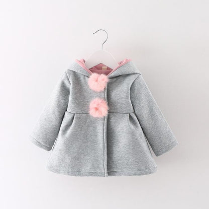 Newborn girls coat with rabbit-ear hood, gray cotton with pink pom poms by Stevvex on Tampa Home & Garden Store