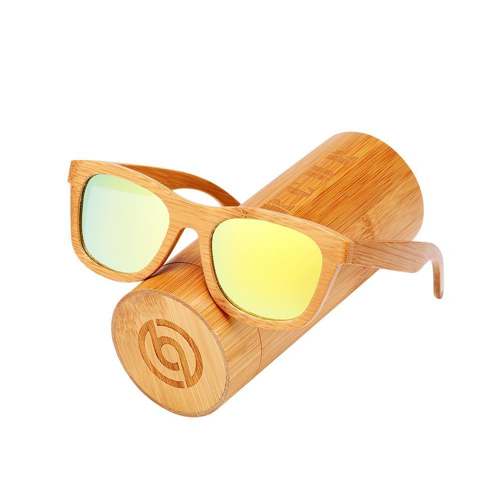 Sunglasses bamboo wood with polarized yellow mirrored lenses by Stevvex on a bamboo case on Tampa Home & Garden Store