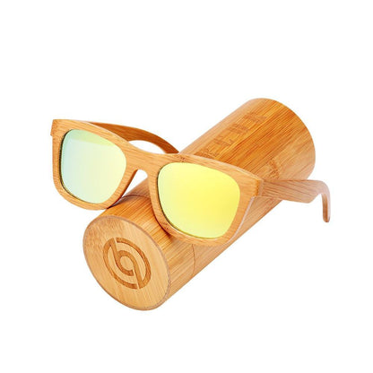 Sunglasses bamboo wood with polarized yellow mirrored lenses by Stevvex on a bamboo case on Tampa Home & Garden Store