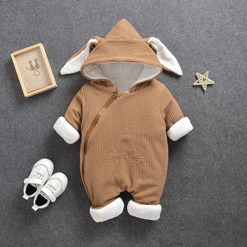 Brown knit Kid's romper jumpsuit hood ears, white cuffs, cute face embroidery on chest on Tampa Home & Garden Store