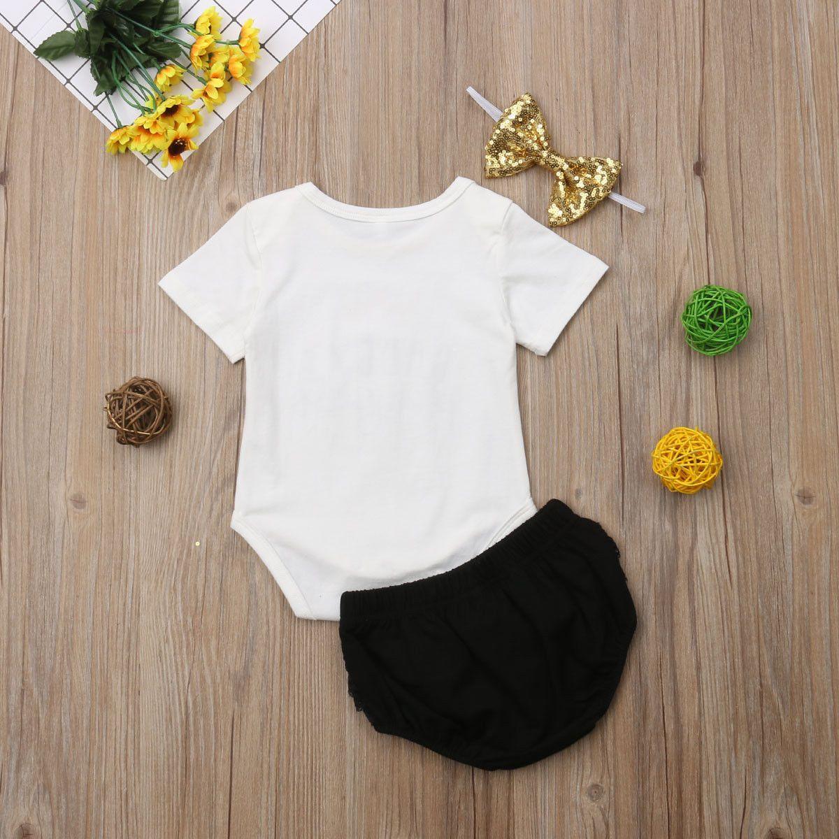 Stevvex 3pc baby girl outfit set white bodysuit black bloomers gold sequin headband on Tampa Home & Garden Store