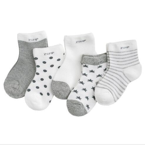 Stevvex 5-pair kids' breathable mesh socks in gray and white with stars, polka dots, and stripes on Tampa Home & Garden Store