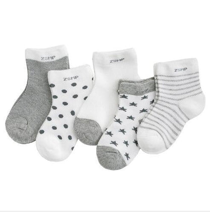 Stevvex 5-pair kids' breathable mesh socks in gray and white with stars, polka dots, and stripes on Tampa Home & Garden Store