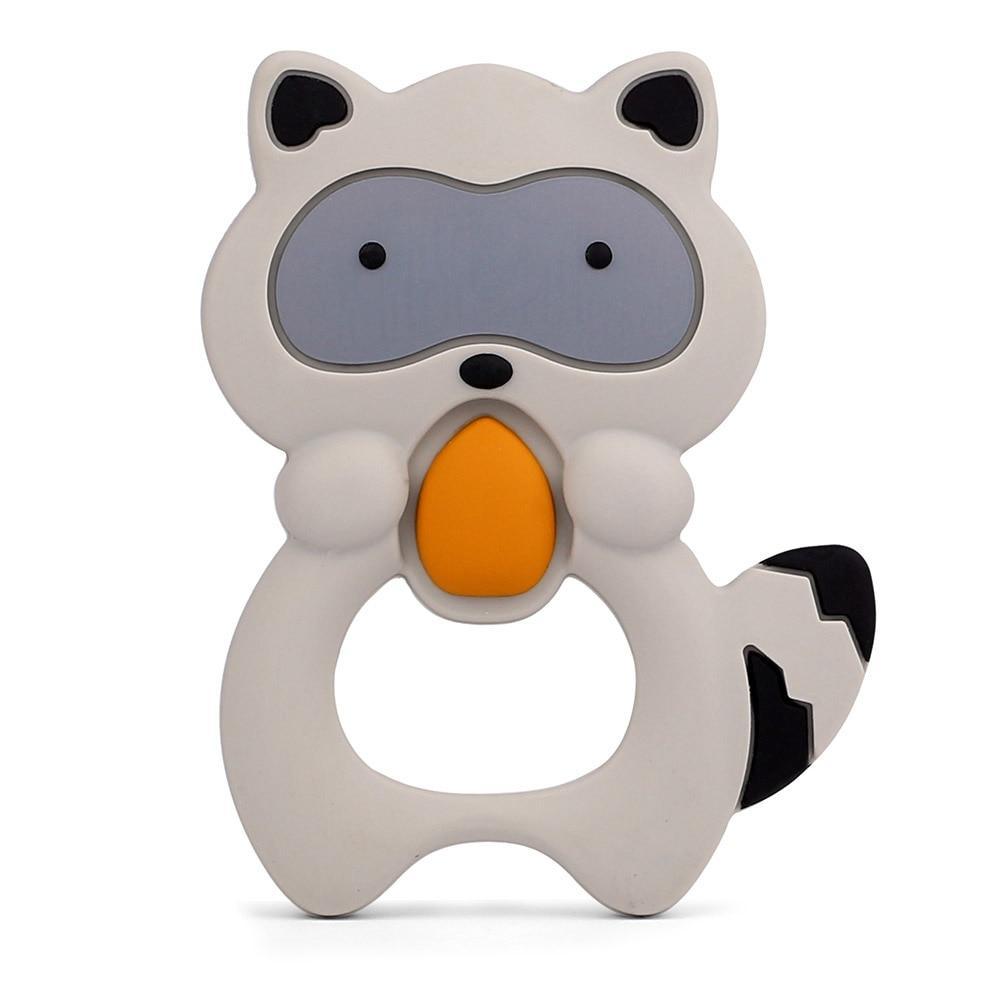 Baby silicone teether ring in animal shape with gray masked face and orange center bead on Tampa Home & Garden Store