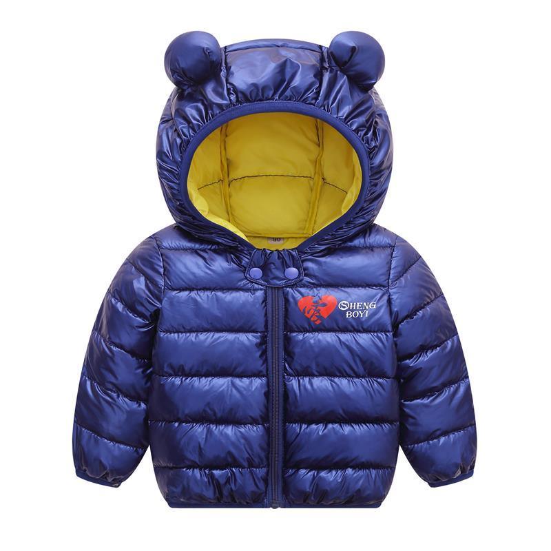Infant blue puffer jacket with yellow lining and bear-ear hood Stevvex baby coat on Tampa Home & Garden Store