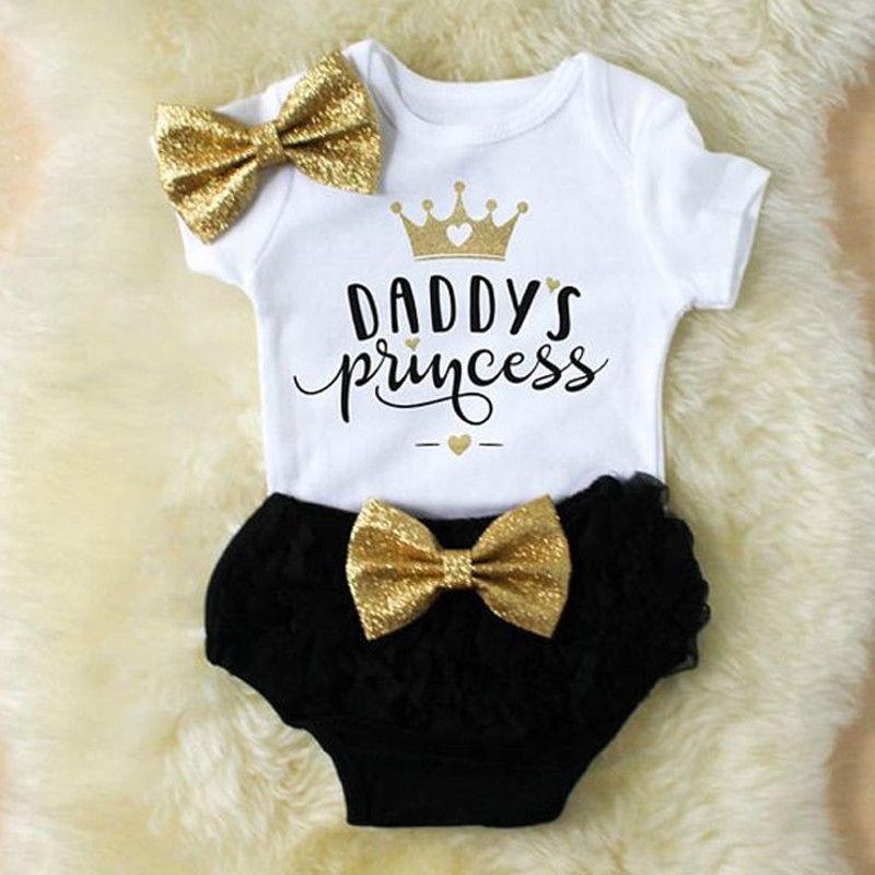 Stevvex 3pc baby girl outfit white bodysuit with Daddy's princess print gold glitter bow black shorts on Tampa Home & Garden Store